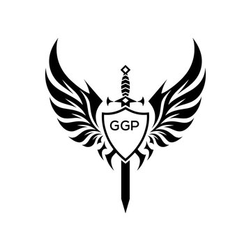 GGP Winged Sword and Shield Logo with GGP Letters, GGP Later Logo, Heraldic Emblem, Black and White Vector Design
