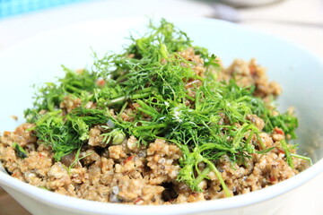 Larb Pla, a local food in Thailand, spicy and delicious.