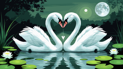 Fototapeta premium Romantic illustration of two swans forming a heart on a moonlit pond