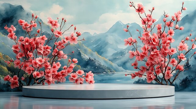 Pink cherry blossoms on display platform
