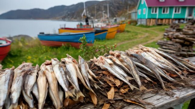 Sun-drying fish is a traditional practice in coastal fishing villages. A colorful boat sits near a stack of drying fish, part of the local culture.