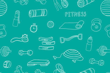 Seamless pattern of sport icons in doodle style. Fitness, gym, gymnastic, workout. Sports equipment. Active lifestyle