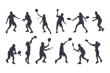 Pickleball player silhouette set. Collection of male and female athletes in various action poses like serving and hitting. Isolated vector sport figures for logos, tournaments, and design.