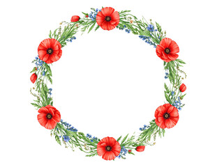 Fototapeta premium A beautiful decorative wreath of red flowers and berries creates a floral border for a card design