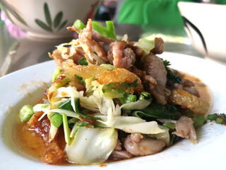 Boiled meat with many vegetables, a local food of Thailand.