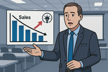 Businessman faces innovator dilemma presenting declining sales with hopeful idea in meeting room, expressing concern and determination
