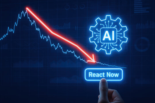 Artificial intelligence concept with glowing gear and circuit board symbol and red arrow pointing down to react now button digital interface