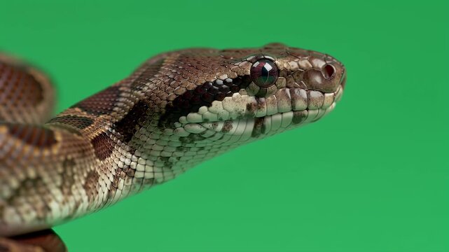 Close-up of a patterned brown and black snake's head with scales, isolated on a vibrant green screen background, showcasing reptile details.
