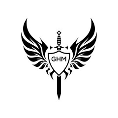 GHM Winged Sword and Shield Logo with GHM Letters, GHM Later Logo, Heraldic Emblem, Black and White Vector Design
