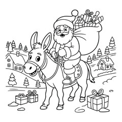 Santa riding a donkey with gifts in a black and white image colouring page