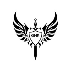 GHR Winged Sword and Shield Logo with GHR Letters, GHR Later Logo, Heraldic Emblem, Black and White Vector Design
