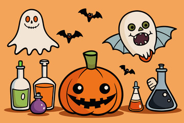 Spooky Halloween Vector Set with Jack-o'-Lanterns, Ghosts, Witches, Bats & Potions &ndash; Hand-Drawn Cartoon Style in Black and Orange