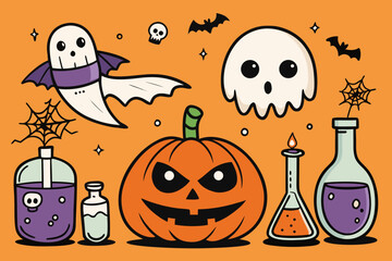 Spooky Halloween Vector Set with Jack-o'-Lanterns, Ghosts, Witches, Bats & Potions &ndash; Hand-Drawn Cartoon Style in Black and Orange
