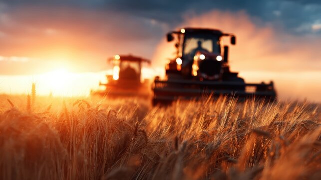 A stunning image of combine harvesters working in a golden wheat field under a breathtaking sunset, portraying the hard work of agriculture and nature's beauty.