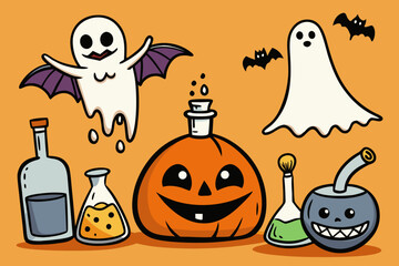 Spooky Halloween Vector Set with Jack-o'-Lanterns, Ghosts, Witches, Bats & Potions &ndash; Hand-Drawn Cartoon Style in Black and Orange