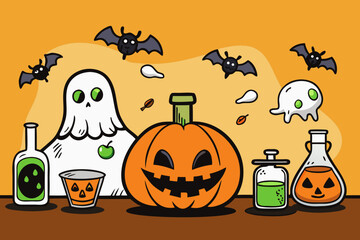 Spooky Halloween Vector Set with Jack-o'-Lanterns, Ghosts, Witches, Bats & Potions &ndash; Hand-Drawn Cartoon Style in Black and Orange