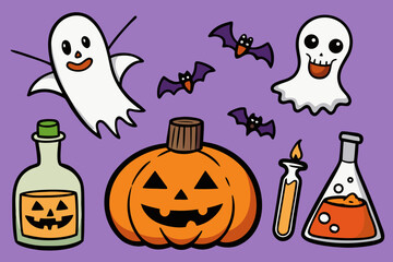 Spooky Halloween Vector Set with Jack-o'-Lanterns, Ghosts, Witches, Bats & Potions &ndash; Hand-Drawn Cartoon Style in Black and Orange