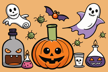 Spooky Halloween Vector Set with Jack-o'-Lanterns, Ghosts, Witches, Bats & Potions &ndash; Hand-Drawn Cartoon Style in Black and Orange