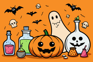 Spooky Halloween Vector Set with Jack-o'-Lanterns, Ghosts, Witches, Bats & Potions &ndash; Hand-Drawn Cartoon Style in Black and Orange