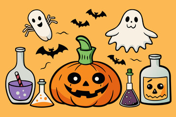 Spooky Halloween Vector Set with Jack-o'-Lanterns, Ghosts, Witches, Bats & Potions &ndash; Hand-Drawn Cartoon Style in Black and Orange
