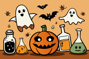 Spooky Halloween Vector Set with Jack-o'-Lanterns, Ghosts, Witches, Bats & Potions &ndash; Hand-Drawn Cartoon Style in Black and Orange