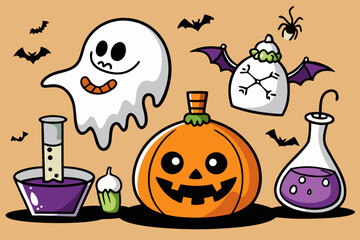 Spooky Halloween Vector Set with Jack-o'-Lanterns, Ghosts, Witches, Bats & Potions &ndash; Hand-Drawn Cartoon Style in Black and Orange