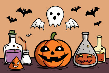 Spooky Halloween Vector Set with Jack-o'-Lanterns, Ghosts, Witches, Bats & Potions &ndash; Hand-Drawn Cartoon Style in Black and Orange
