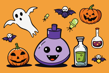 Spooky Halloween Vector Set with Jack-o'-Lanterns, Ghosts, Witches, Bats & Potions &ndash; Hand-Drawn Cartoon Style in Black and Orange