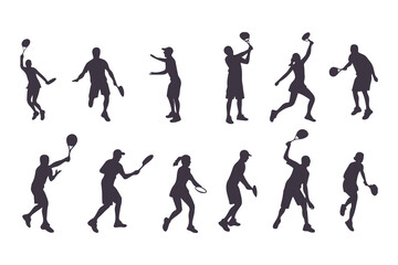 Pickleball icon set. Collection of minimalist sport equipment symbols including paddle and ball. Vector graphics in line art and solid glyph styles for logos and web.