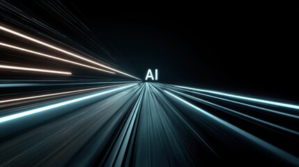 AI technology, digital data stream, futuristic light trails, innovation, and speed concept with glowing lines converging towards artificial intelligence text on black background