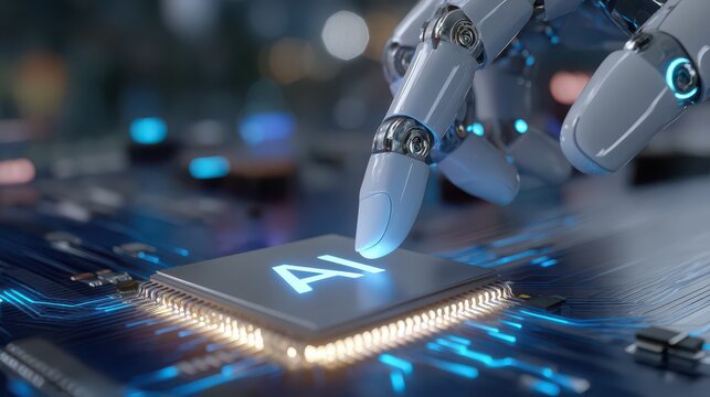 Robotic hand artificial intelligence chip technology innovation futuristic digital automation smart electronic circuit blue closeup