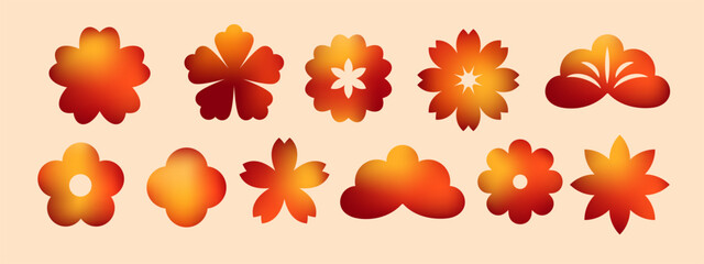 Chinese traditional ornaments. Cherry blossom. Flowers, blooms. Lunar asian design elements, icons.