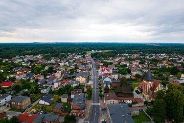 Miasteczko Śląskie, miasto na Śląsku w Polsce. Panorama z lotu ptaka latem.