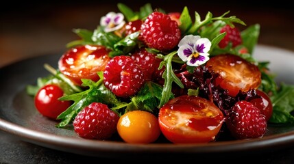A vibrant salad featuring fresh greens, colorful tomatoes, and edible flowers, showcasing artful culinary presentation and the essence of healthy eating and fresh ingredients.