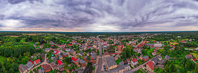 Miasteczko Śląskie, miasto na Śląsku w Polsce. Panorama z lotu ptaka latem. © Franciszek