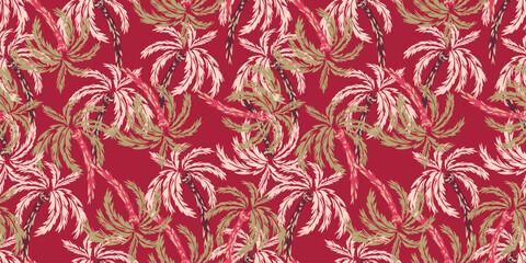 Seamless tropical vector pattern featuring artistic palm trees with expressive brushstroke style leaves in beige and green on a deep red background. Perfect for textiles, wallpapers, beachwear