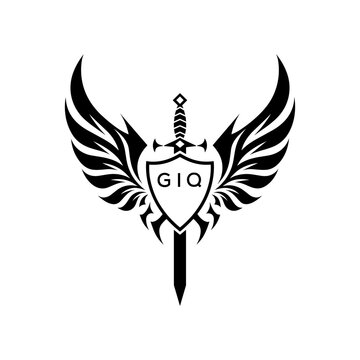 GIQ Winged Sword and Shield Logo with GIQ Letters, GIQ Later Logo, Heraldic Emblem, Black and White Vector Design
