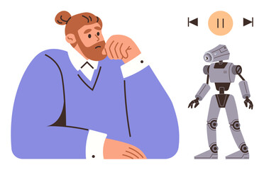 Man thinking, robotic humanoid figure, media controls for play and pause. Ideal for technology, artificial intelligence, robotics, human-computer interaction, innovation, automation future vision
