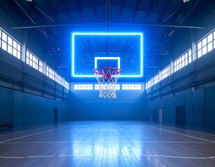 Empty basketball court at night, illuminated by a bright blue neon square behind the hoop