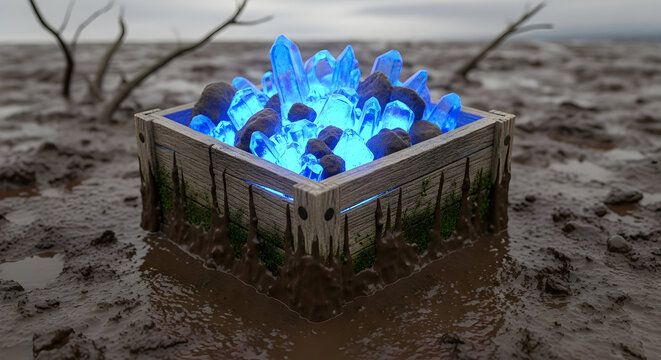 Digital holographic representation of glowing blue data crystals in a futuristic setting