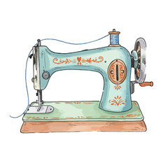 Charming vintage sewing machine illustration with ornamental details and soothing pastel colors creates a nostalgic crafting atmosphere