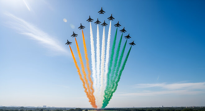 Spectacular Airshow: Indian Air Force Jets in Formation Flying with Colorful Smoke Trails