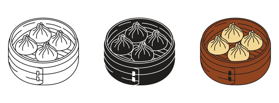 Hot dumplings, one dumpling in bamboo basket. Steamed bun vector illustration.