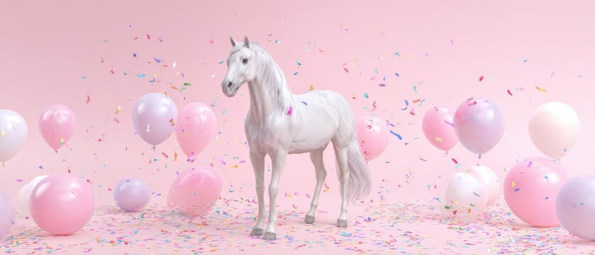 The playful unicorn surrounded by colorful balloons and confetti in a dreamy setting - Powered by Adobe