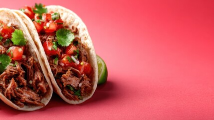 Close-up of two delicious tacos filled with savory meat and fresh toppings, beautifully presented on a bright background, inviting a delightful culinary experience.