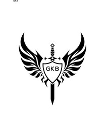 GKB Winged Sword and Shield Logo with GKB Letters, GKB Later Logo, Heraldic Emblem, Black and White Vector Design
