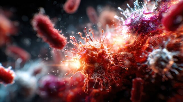 This stunning microscopic image reveals vibrant pathogens interacting in a dynamic environment, emphasizing the intricate relationships and complexity of microbial life.