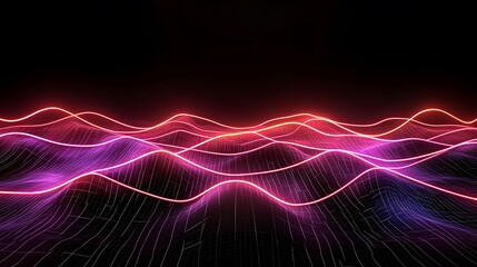 Abstract illustration of glowing grids forming undulating landscape with bright pink and red lights against a dark backdrop creates a modern, futuristic design.