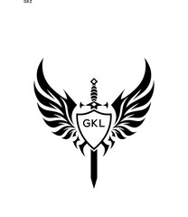GKL Winged Sword and Shield Logo with GKL Letters, GKL Later Logo, Heraldic Emblem, Black and White Vector Design
