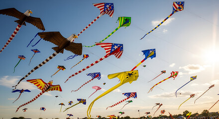 A Colorful Kite Festival Displaying Numerous Kites in Flight Against a Sunny Sky